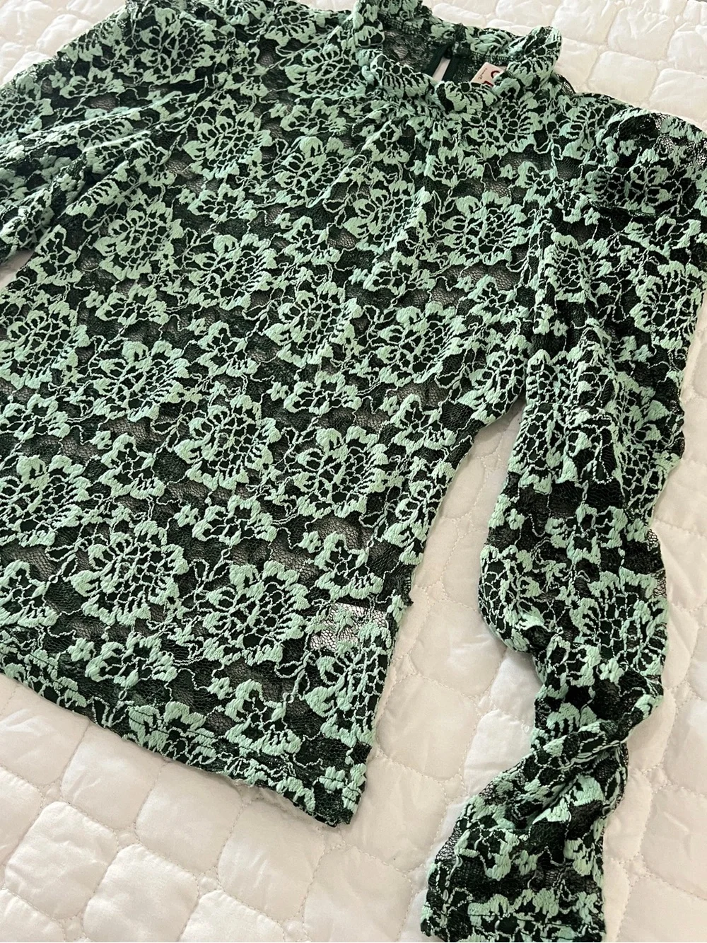Anthropologie Dolan Small Mint Green Sheer Lace Mock Puff Long Sleeve Dressy Top
